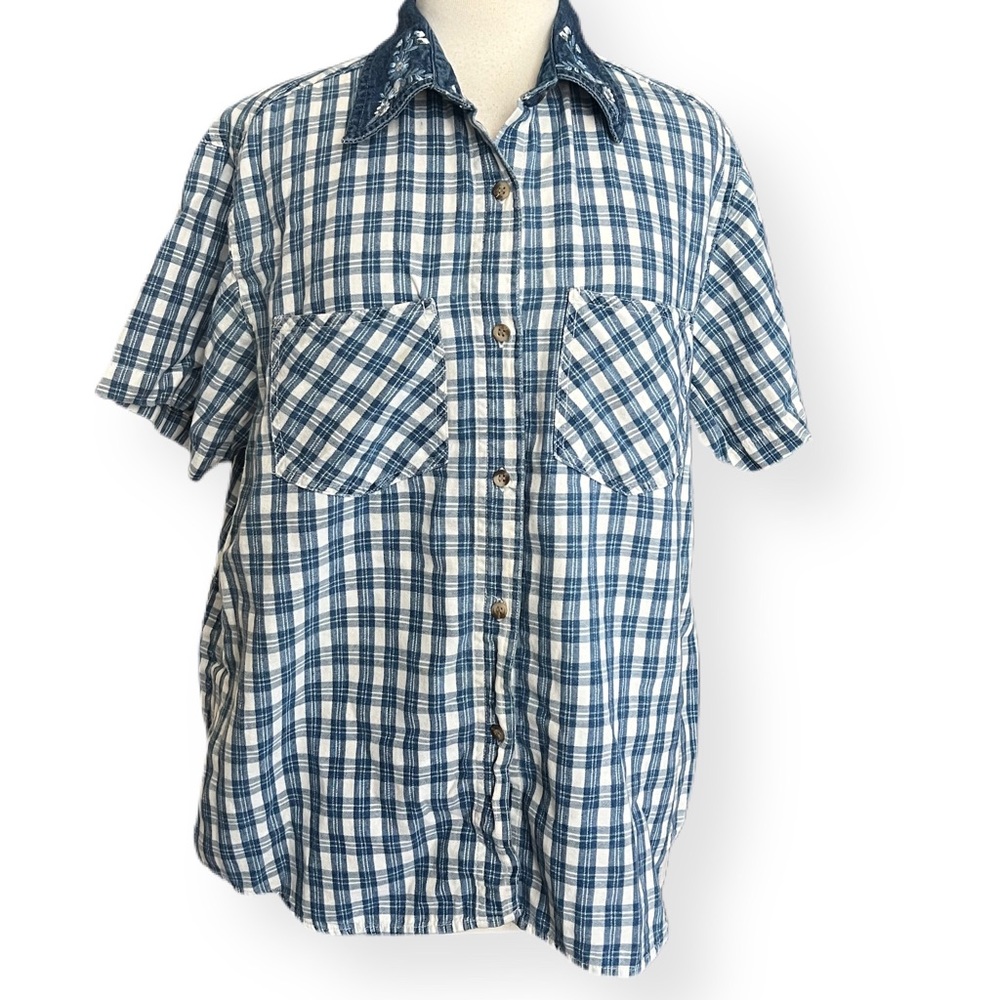 North West Blue Plaid & Floral Button Down Short Sleeve Shirt - Size: Large